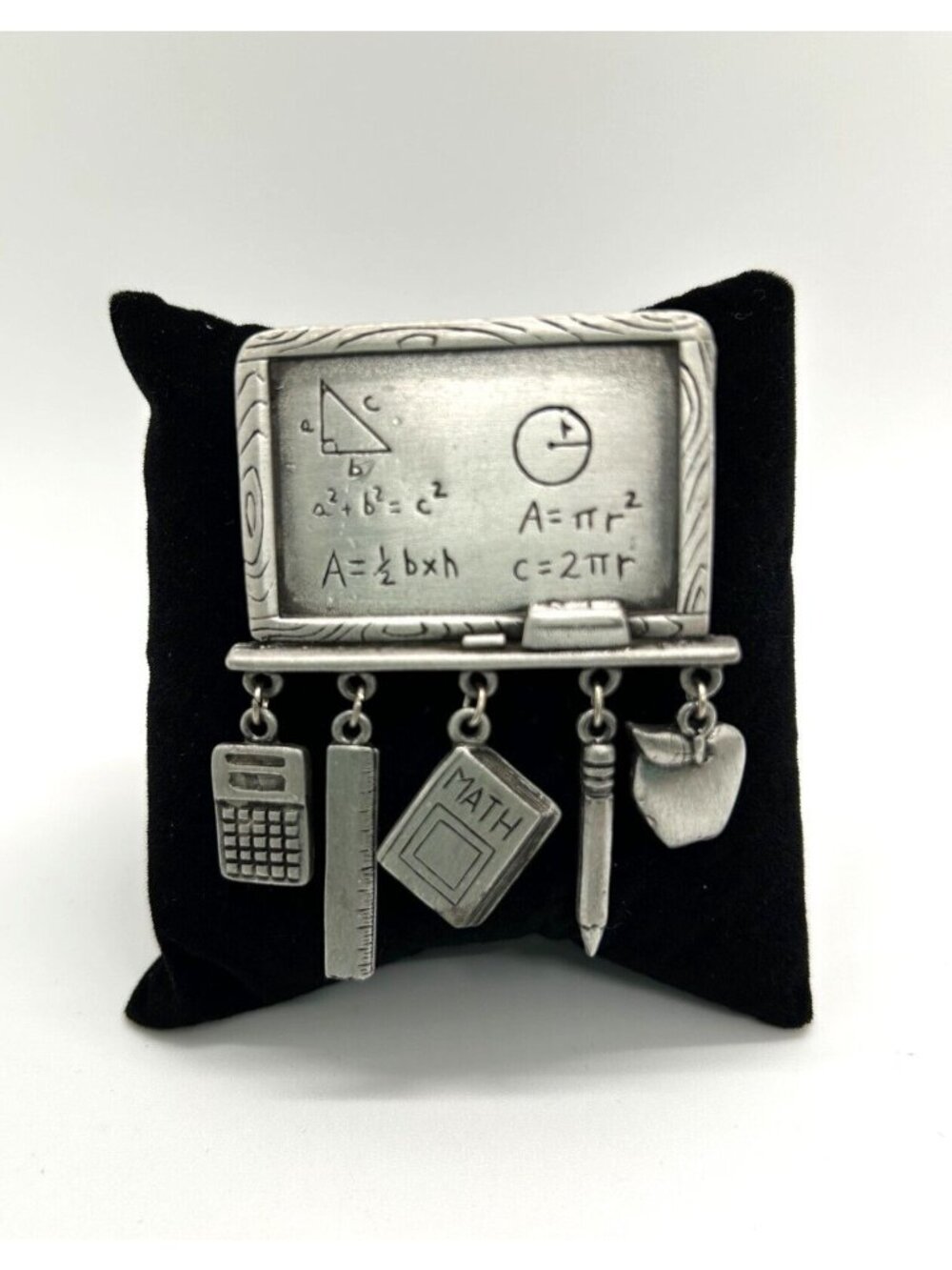 Vintage JJ Teacher Brooch Pewter Math Pin Chalkboard Calculator Charms 2.5 inch - Picture 2 of 7